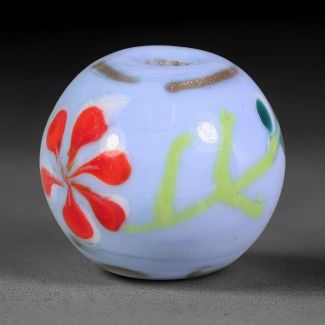Pale Blue Floral Blown Glass Bead - Handmade Vintage Spherical Ornament, 22AE (1 of 1)