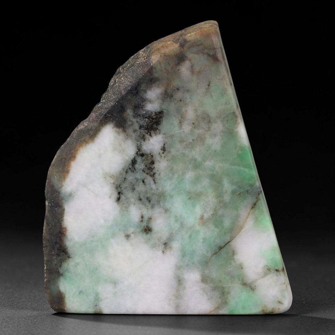 370ct Natural Type A Burmese Jadeite Jade Sliced Rough, 74FB: This specimen is a sliced rough block of natural Type A Burmese jadeite jade. The interior displays natural colour zoning with visible mineral veining and crystalline patterns typical of unprocessed j