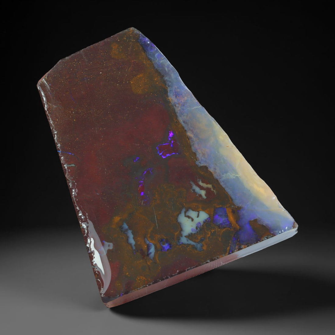120.22ct Natural Australian Queensland Boulder Opal Sliced Slab Cutting Rough, 94AX: Natural sliced slab rough of Queensland boulder opal cutting grade, featuring rich color ironstone matrix with patterns. The face clearly reveals extensive opal veining and pocket formations running t