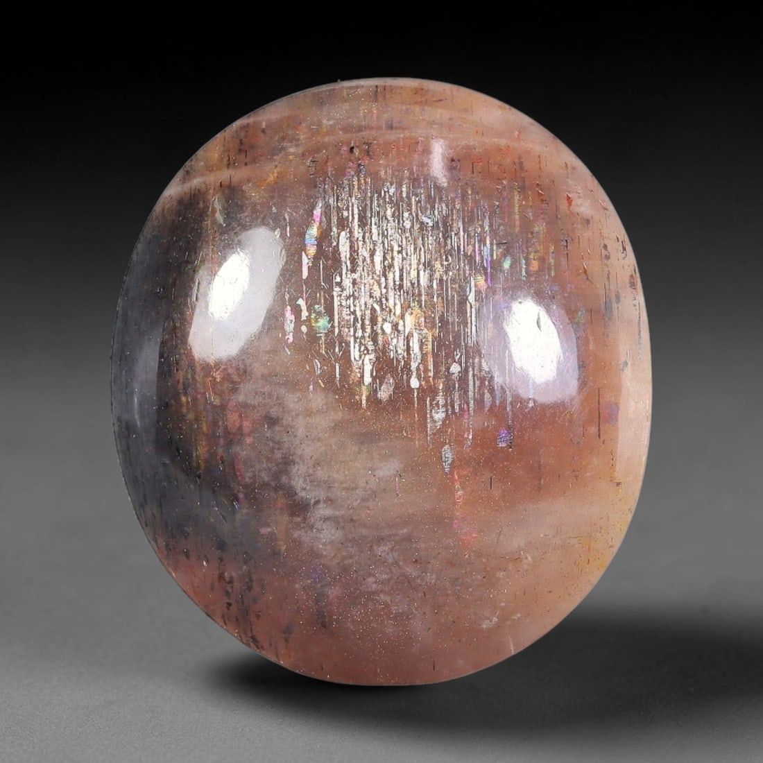 35.87 Carats Natural Australian Lattice Sunstone Cabochon Loose Gemstone, 86AB: This rich lattice sunstone boasts striking vertical mineral lattice inclusions, measured at 25x22.2x9.4mm, its earthy blended brown and peach base paired with vibrant multi-colored light reflections d