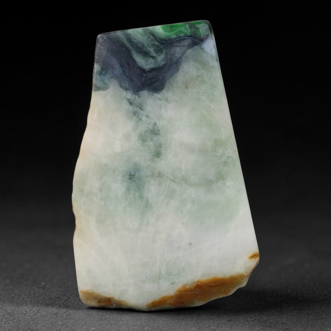 121ct Natural Type A Burmese Jadeite Jade Sliced Rough, 26FB: This specimen is a sliced rough block of natural Type A Burmese jadeite jade. The interior displays natural colour zoning with visible mineral veining and crystalline patterns typical of unprocessed j
