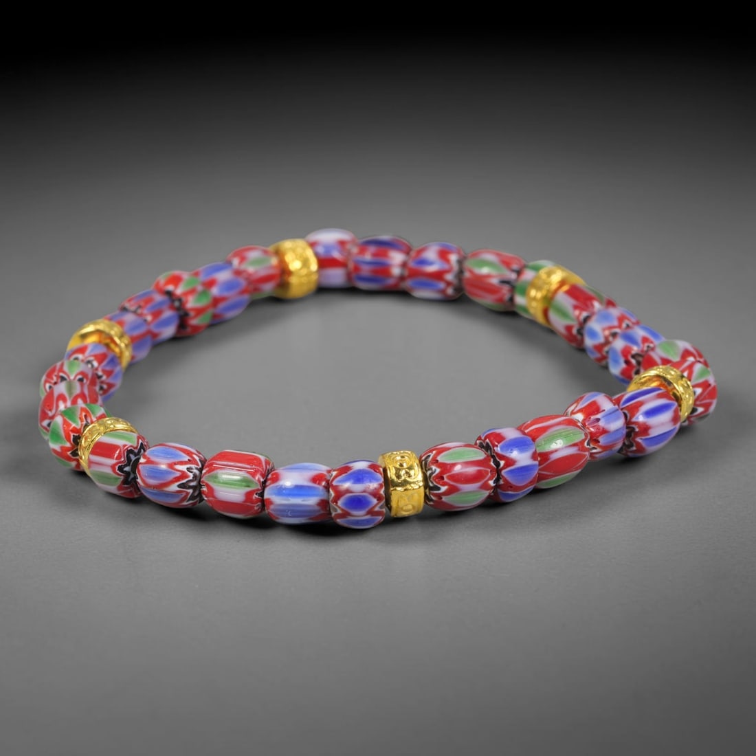 Vintage Millefiori Chevron Glass Bead Bracelet With Gold-Tone Spacers, 53EK (1 of 1)