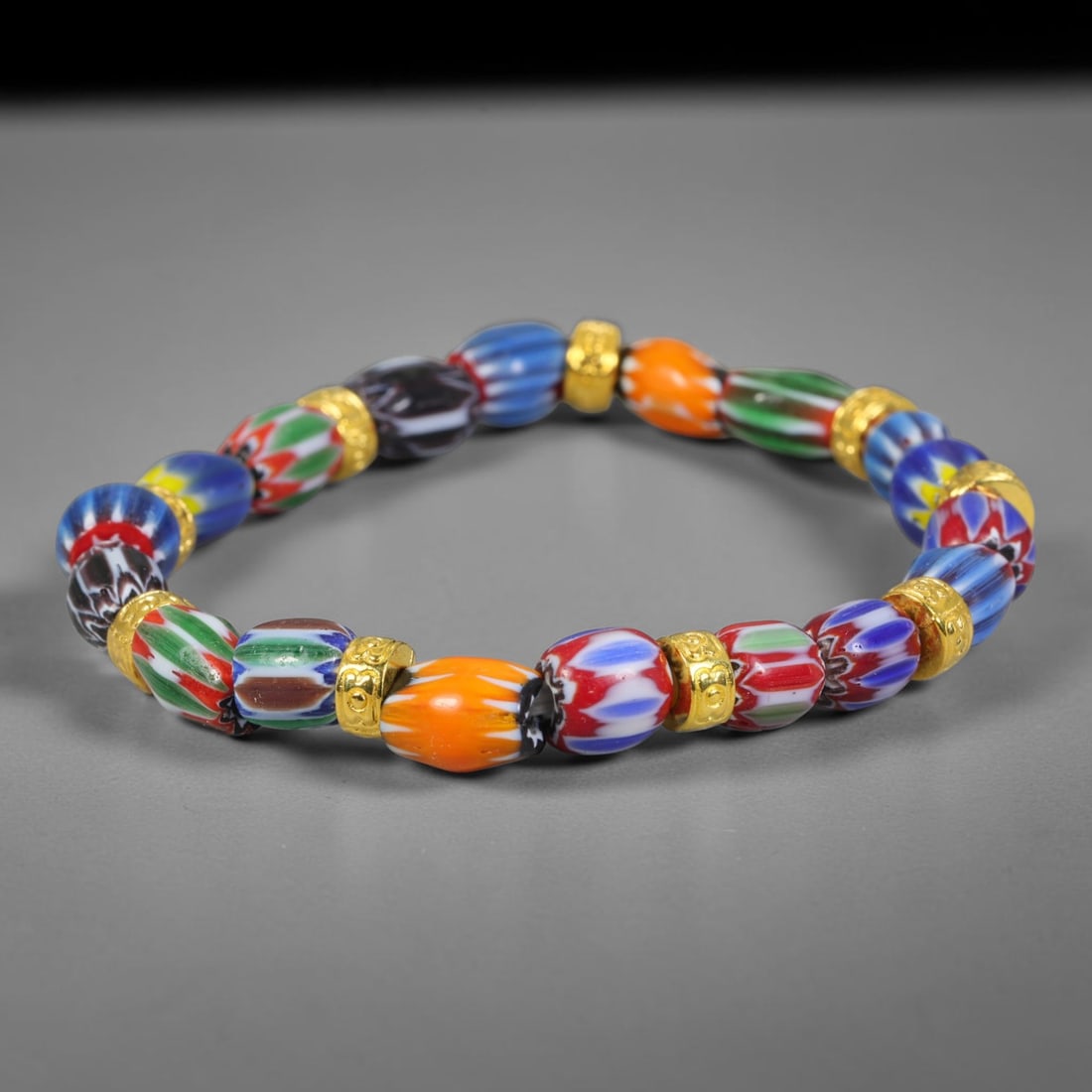 Vintage Millefiori Chevron Glass Bead Bracelet with Gold-Tone Spacers, 51EK (1 of 1)