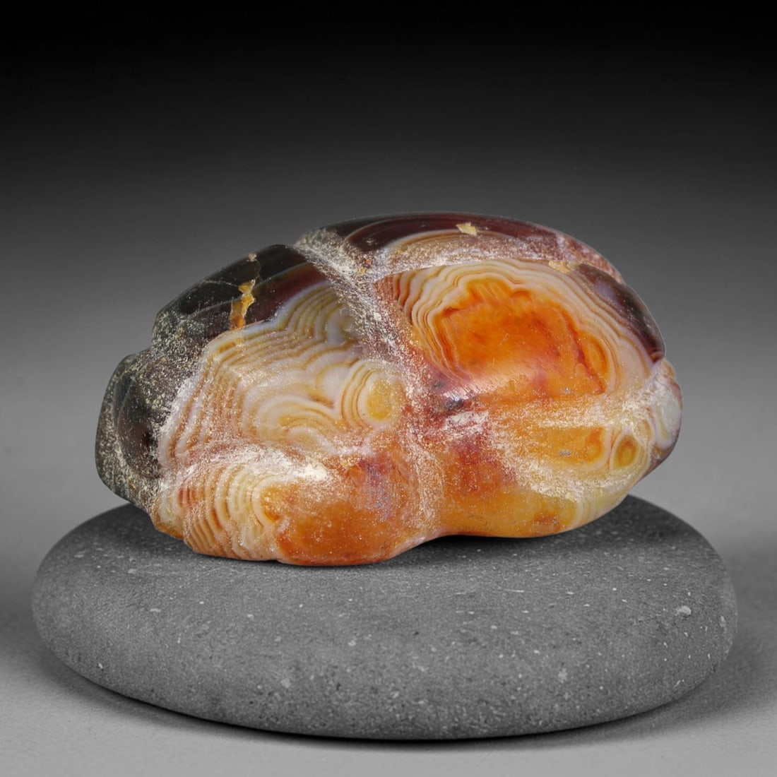 Ancient Pharaonic Egyptian Agate Scarab Amulet Bead (3100 BCE-30 CE), 22EC: This antique scarab amulet bead is carved from natural agate, originating from Pharaonic Egyptian culture. Scarabs were sacred protective talismans closely linked to rebirth and eternal life within an