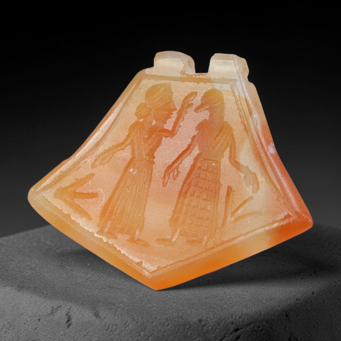 Vintage Natural Carnelian Agate Revival Indo-Persian Glyptic Figural Talisman Amulet Plaque, 49FL: This vintage talisman pendant plaque is skillfully carved from natural banded carnelian agate, crafted in a style referencing ancient Indo-Persian glyptic art traditions. The face bears detailed relie