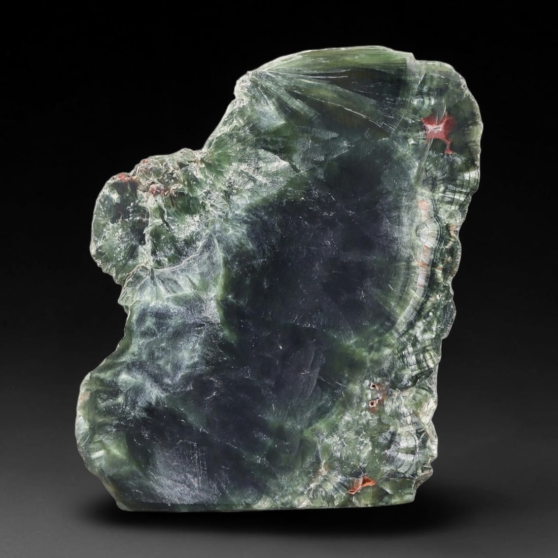 105ct Natural Siberian Seraphinite Polished Rough Slab, 23AR: This polished mineral slab is natural seraphinite originating from Siberian deposits, displaying characteristic radiating crystalline fibrous formations with layered deep forest and silvery green band