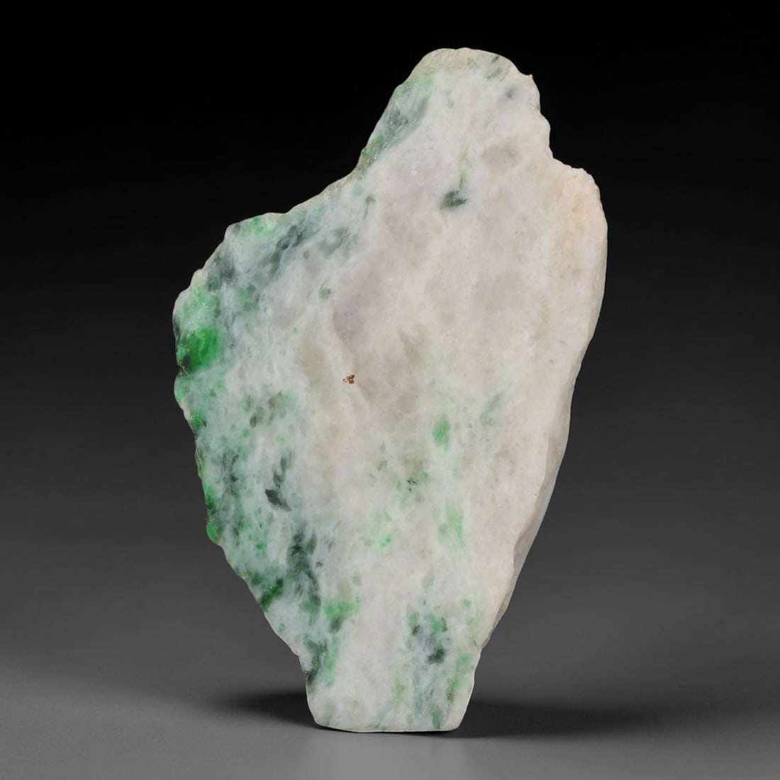 236ct Natural Type A Burmese Jadeite Jade Sliced Rough, 6FB: This specimen is a sliced rough block of natural Type A Burmese jadeite jade. The interior displays natural colour zoning with visible mineral veining and crystalline patterns typical of unprocessed j