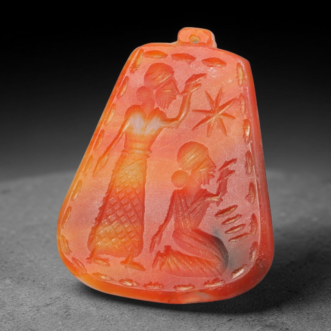 Vintage Natural Carnelian Agate Revival Indo-Persian Glyptic Figural Talisman Amulet Plaque, 53FK: This vintage talisman pendant plaque is skillfully carved from natural banded carnelian agate, crafted in a style referencing ancient Indo-Persian glyptic art traditions. The face bears detailed relie