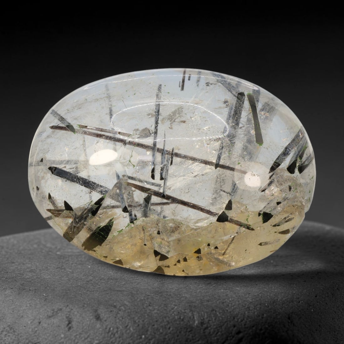39ct Natural Brazilian Black Rutile Quartz Cabochon Loose Gemstone, 75BM: This polished cabochon of natural rutile quartz features countless distinct slender black rutile needle inclusions suspended within the clear quartz host crystal. The smooth domed surface enables full