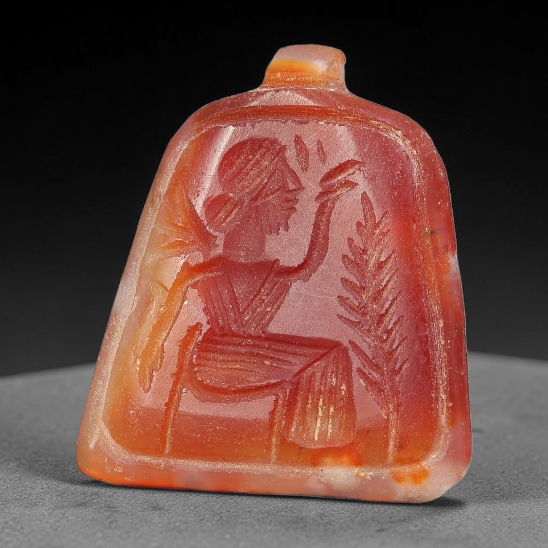 Vintage Natural Carnelian Agate Revival Indo-Persian Glyptic Figural Talisman Amulet Plaque, 57FK: This vintage talisman pendant plaque is skillfully carved from natural banded carnelian agate, crafted in a style referencing ancient Indo-Persian glyptic art traditions. The face bears detailed relie