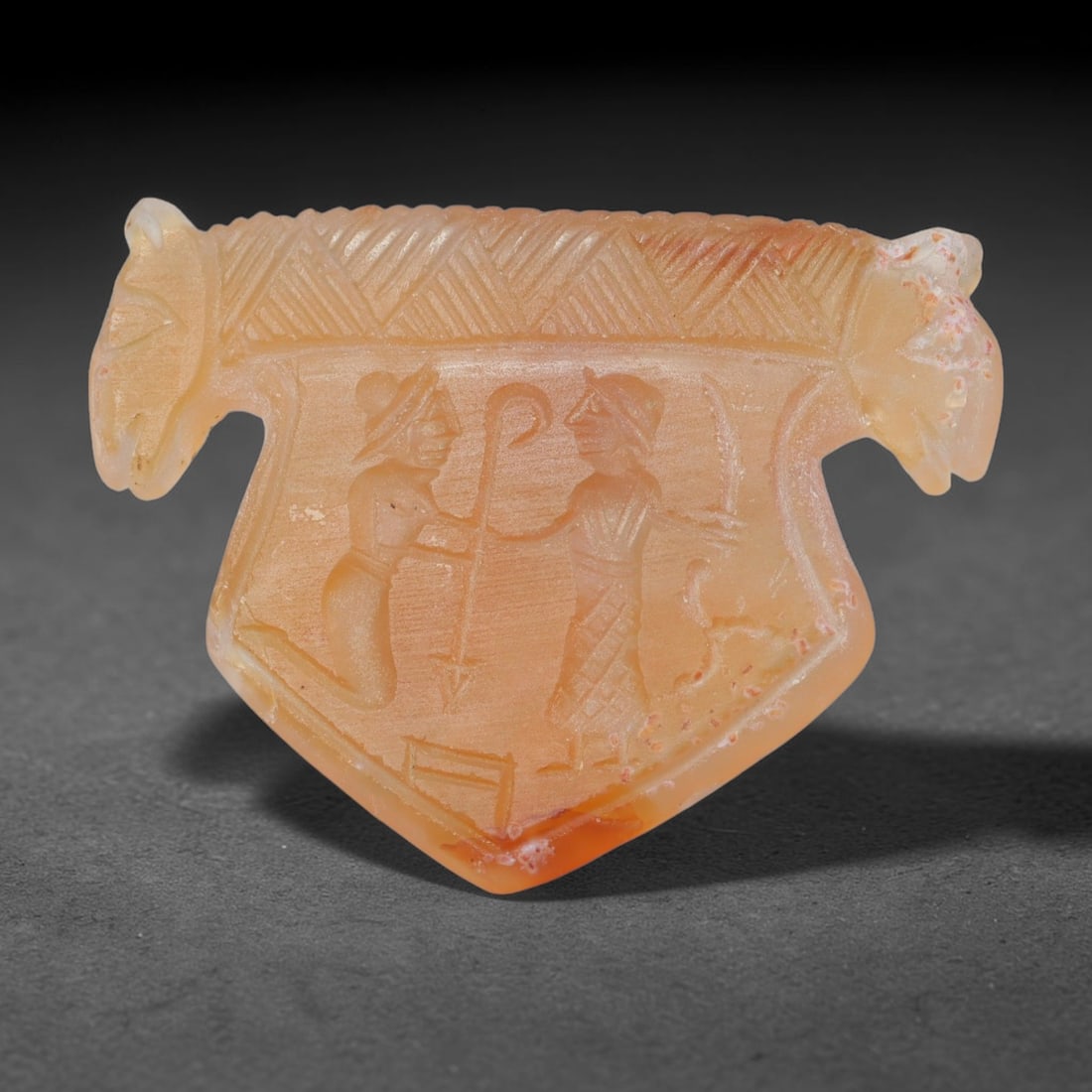 Vintage Natural Carnelian Agate Revival Indo-Persian Glyptic Figural Talisman Amulet Plaque, 52FK: This vintage talisman pendant plaque is skillfully carved from natural banded carnelian agate, crafted in a style referencing ancient Indo-Persian glyptic art traditions. The face bears detailed relie