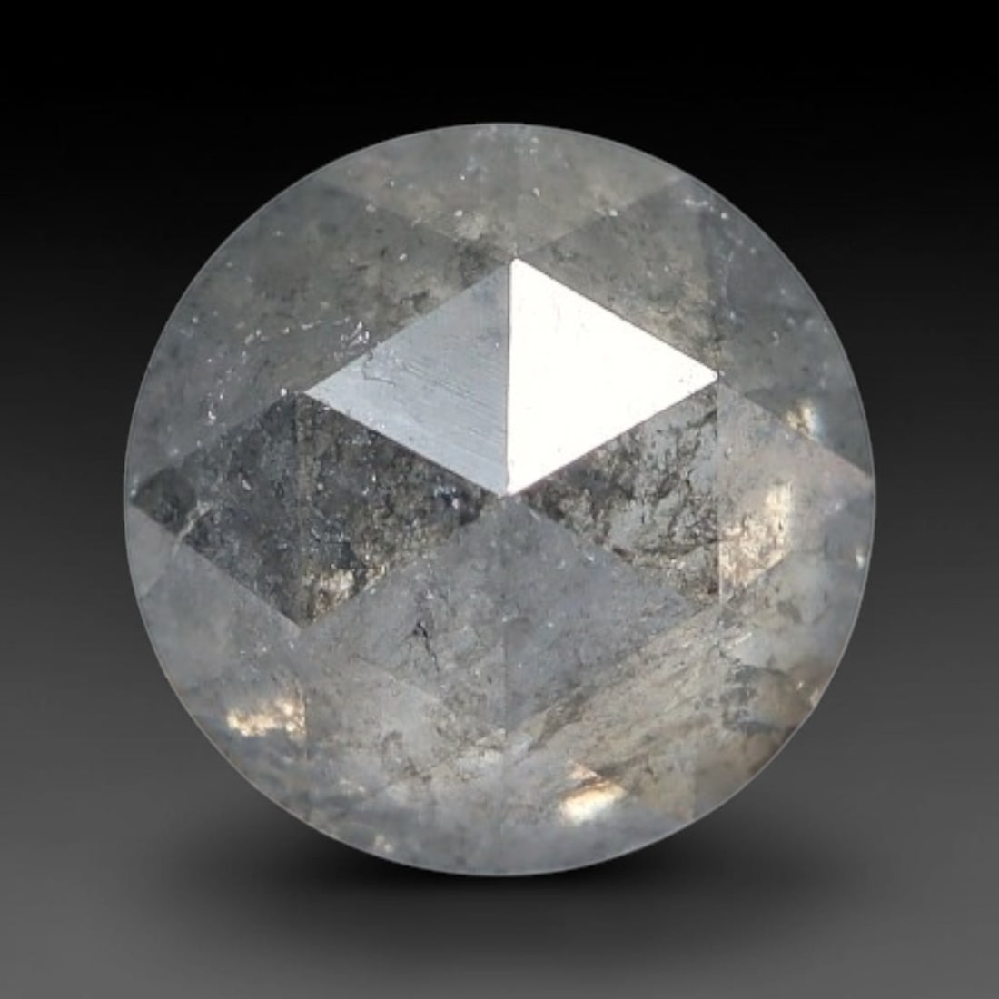0.31ct Natural Untreated Salt And Pepper Round Rose Cut Diamond Loose Gemstone, 46BH: This polished natural salt and pepper diamond features a translucent pale base naturally scattered with distinctive dark mineral speckles and inclusions throughout its crystal interior, measured at ca