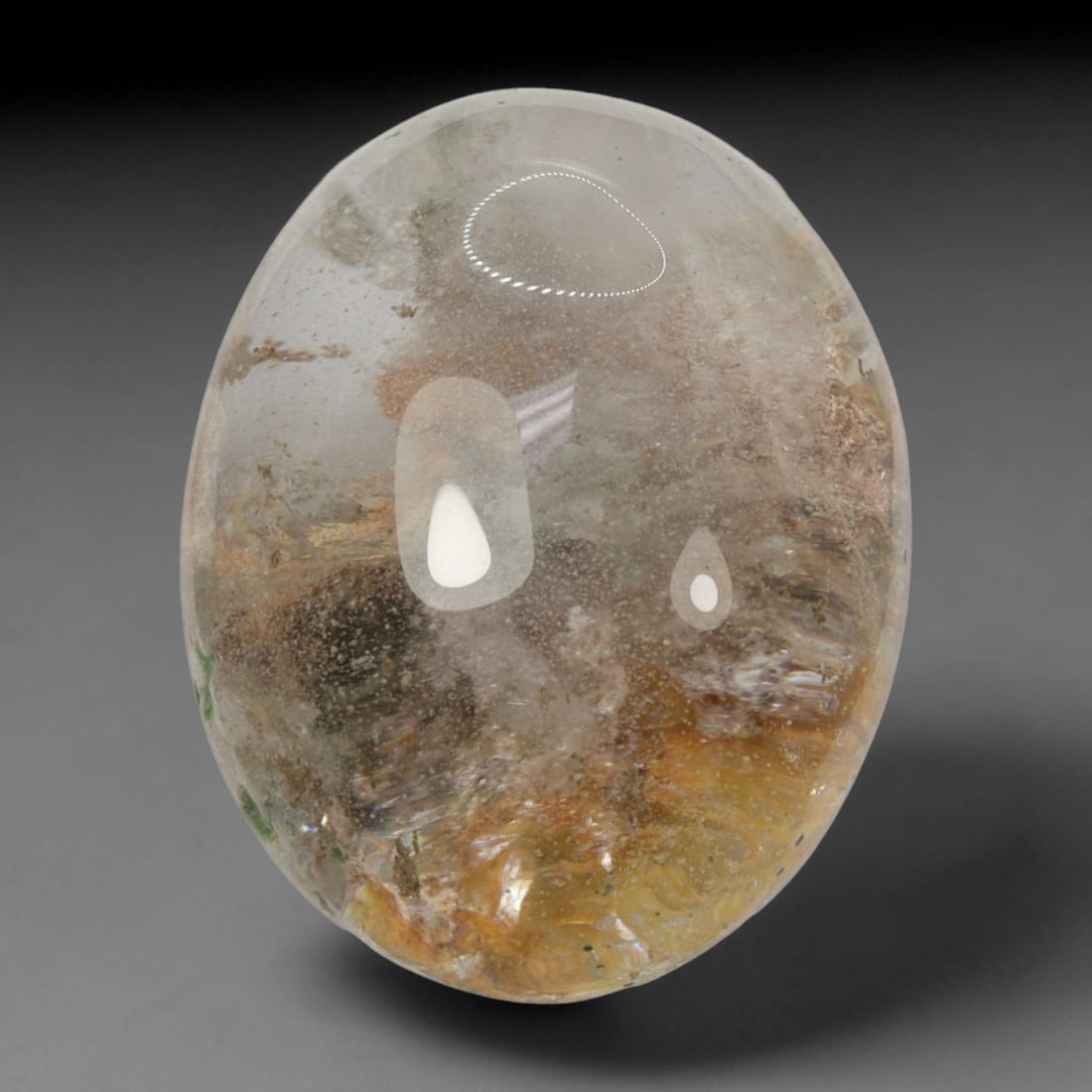 30ct Natural Brazilian Phantom Quartz Oval Cabochon Loose Gemstone, 33BM: This smoothly polished cabochon of natural phantom quartz preserves delicate layered phantom crystal formations enclosed inside transparent quartz host. The domed polished surface offers unobstructed 