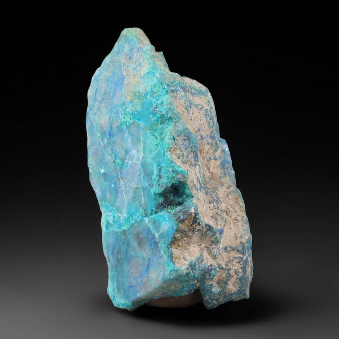 167.75ct Natural Peruvian Chrysocolla Polished Slab Rough, 66EK: This partial-polished chrysocolla slab features blended mineral matrix with smooth refined face and unaltered natural rugged edge across its 54x27x21mm elongated form, translucent mineral layers hold 