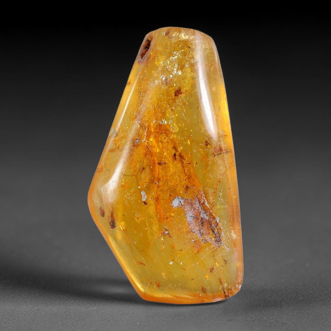 12.66ct Natural Baltic Polished Loose Freeform Amber Gemstone, 76FL: This smoothly polished freeform amber piece carries warm translucent organic clarity with fine natural fossil flecks and tiny mineral inclusions suspended throughout its 31x17x7mm flowing unstructured