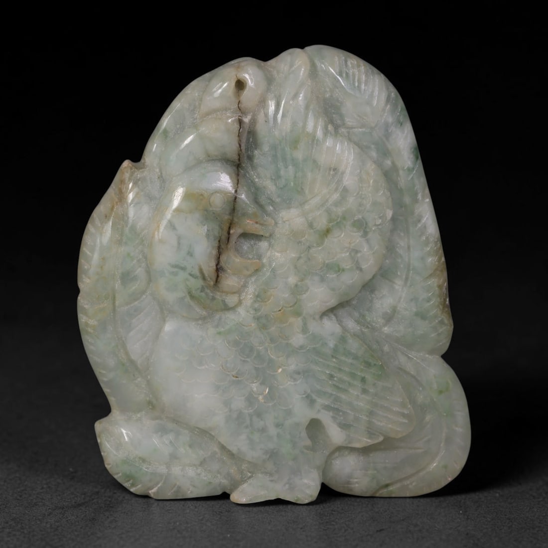 Natural Burmese Type A Floating Green Jadeite Jade Carved Phoenix Pendant Plaque, 82AP: Hand-carved from natural untreated Burmese Type A jadeite jade, this freeform pendant plaque features a meticulously sculpted phoenix motif with intricately detailed layered feather scales and surroun