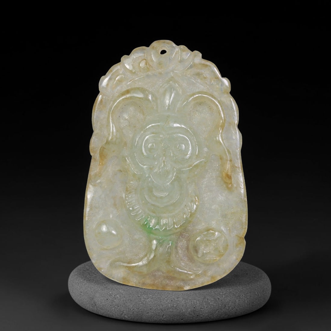 Natural Burmese Type A Jadeite Jade Hand Carved Pendant, 11EF: Artisan hand-carved untreated Burmese Type A jadeite jade pendant measuring 45x29 mm. Carefully sculpted with detailed relief craftsmanship and finished with a smooth glossy polish. Authentic Type A j