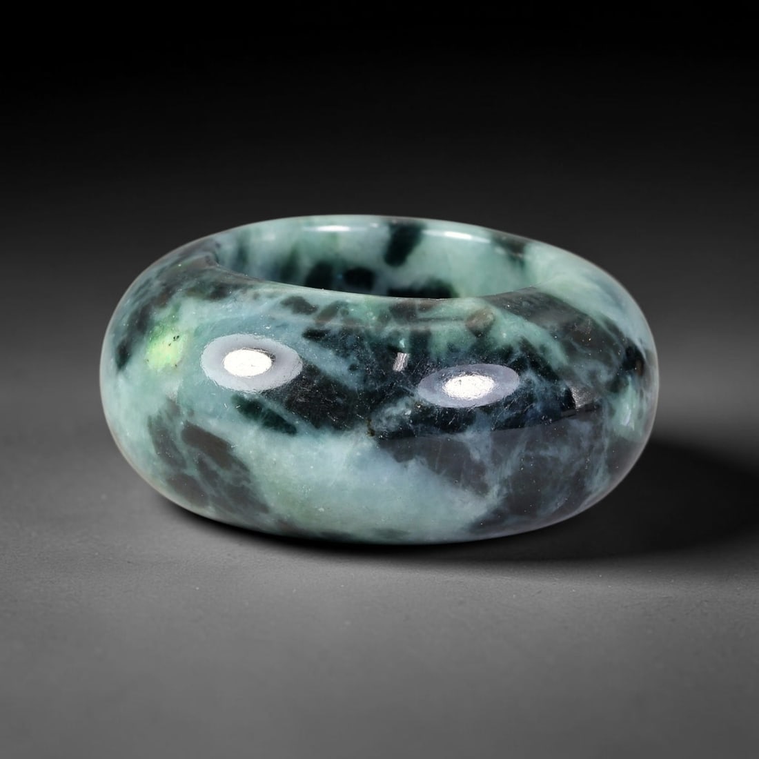 Natural Burmese Type A Jadeite Jade Wide Band Ring, 19BK: Polished untreated Burmese Type A jadeite jade wide band ring, US ring size 12.75 with a substantial band width of 16 mm. The jadeite features a soft pale mint green base naturally streaked with flowi