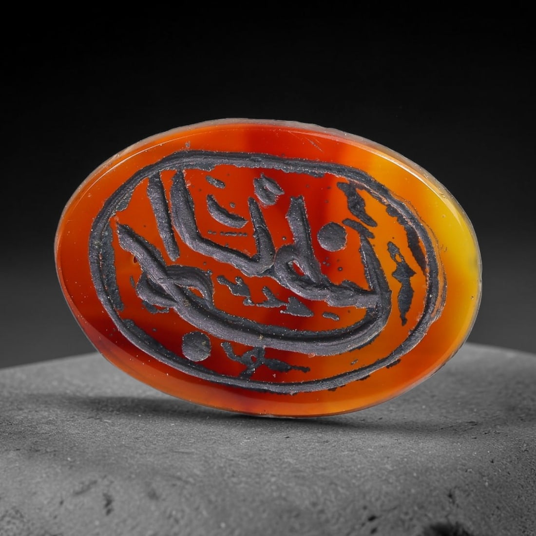 Vintage Mid-Century Carnelian Agate Islamic Calligraphic Intaglio Seal Cabochon Talisman, 41BW: This vintage mid-century natural carnelian agate intaglio seal cabochon draws inspiration from historic Islamic lapidary traditions, crafted as a wearable talisman and seal blank for jewelry setting. 