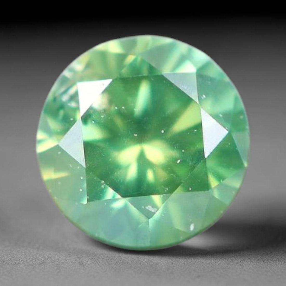 0.15ct Round Natural Fancy Green Diamond Loose Gemstone, 2BH: This polished natural round fancy diamond displays soft mint-green colouration, with fine microscopic native mineral specks scattered within its crystal interior, measured at calibrated dimensions of 