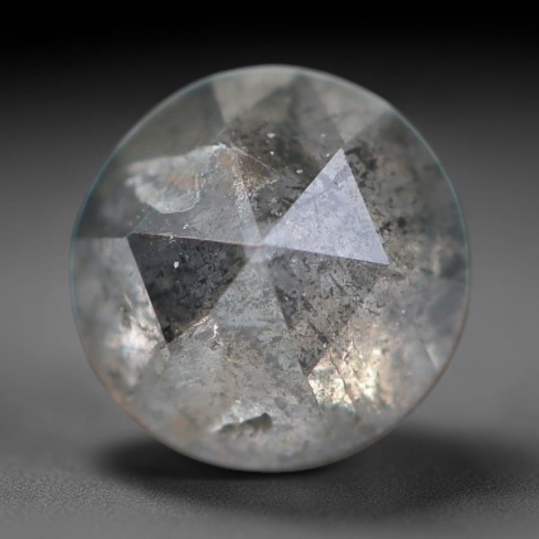 0.27ct Natural Untreated Salt And Pepper Round Rose Cut Diamond Loose Gemstone, 56BH: This polished natural salt and pepper diamond features a translucent pale base naturally scattered with distinctive dark mineral speckles and inclusions throughout its crystal interior, measured at ca