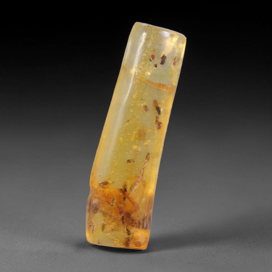 6.70ct Natural Baltic Polished Loose Freeform Amber Gemstone, 77FL: This smoothly polished freeform amber piece carries warm translucent organic clarity with fine natural fossil flecks and tiny mineral inclusions suspended throughout its 31x9x6mm flowing unstructured 