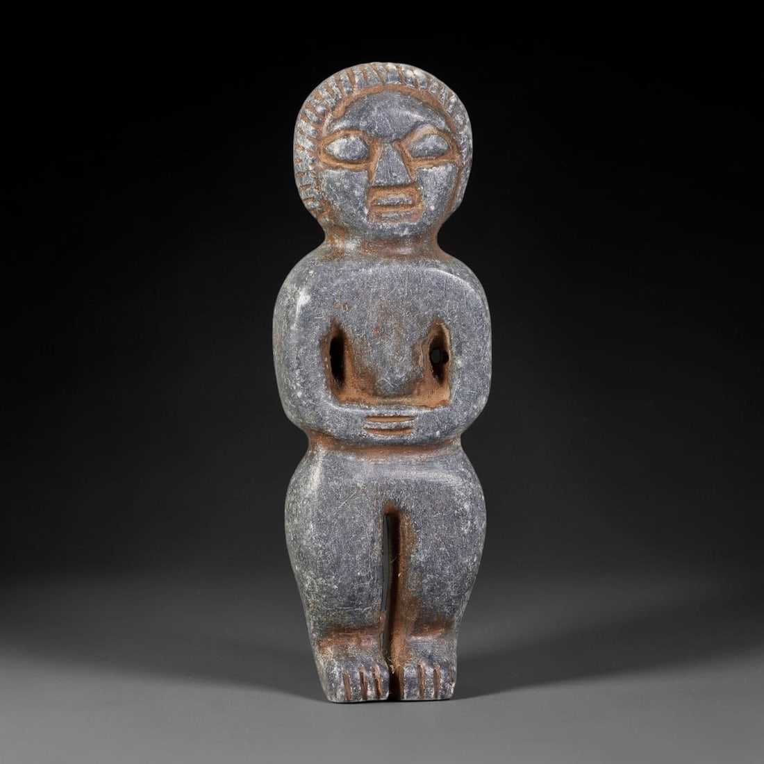 Ancient Medieval Nubian Christian Kingdoms Stone Idol (500-1500 CE), 5FV: This antique carved schist idol originates from the Medieval Nubian Christian Kingdoms, where stone ritual figurines were crafted for devotional purposes and circulated along Red Sea regional trade ne