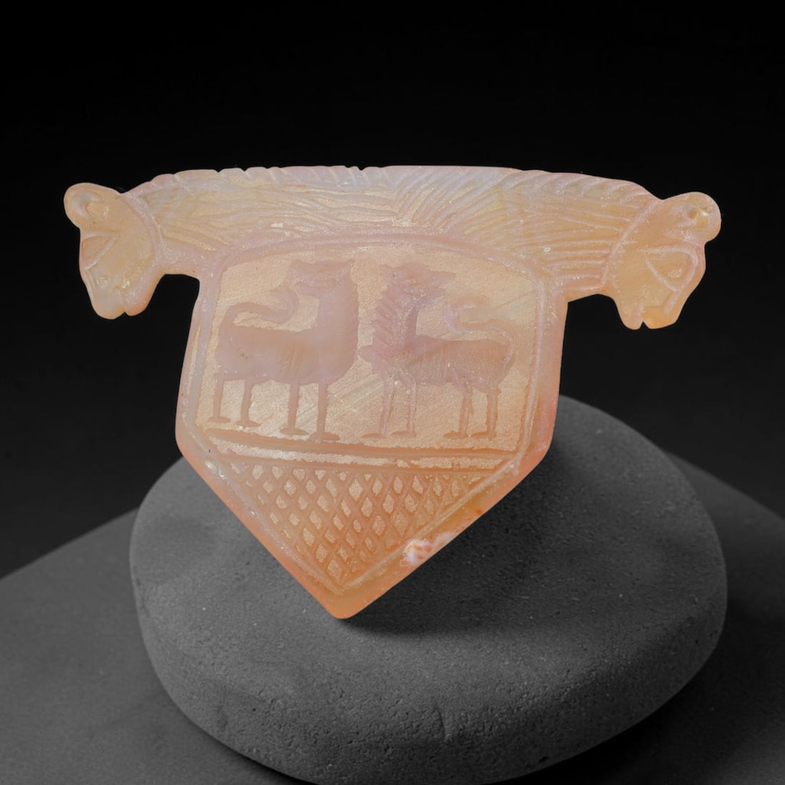 Vintage Natural Carnelian Agate Revival Indo-Persian Glyptic Figural Talisman Amulet Plaque, 9FK: This vintage talisman pendant plaque is skillfully carved from natural banded carnelian agate, crafted in a style referencing ancient Indo-Persian glyptic art traditions. The face bears detailed relie