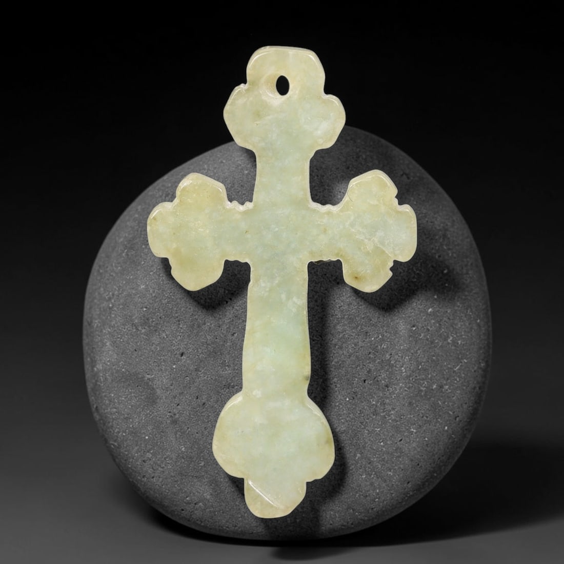 Natural Burmese Type A Jadeite Jade Christian Cross Pendant, 2BT: Hand crafted untreated Burmese Type A jadeite jade cross pendant measuring 36x20 mm, shaped into a classic Christian cross silhouette with tapered pointed terminals. The stone features a smooth polish
