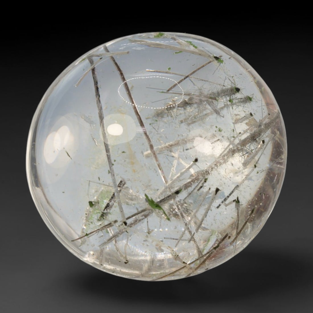 19ct Natural Brazilian Black Rutile Quartz Cabochon Loose Gemstone, 59BM: This polished cabochon of natural rutile quartz features countless distinct slender black rutile needle inclusions suspended within the clear quartz host crystal. The smooth domed surface enables full