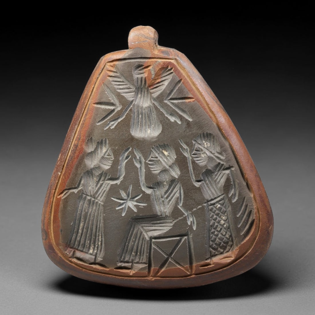 Vintage Natural Carnelian Agate Revival Indo-Persian Glyptic Figural Talisman Amulet Plaque, 35FK: This vintage talisman pendant plaque is skillfully carved from natural banded carnelian agate, crafted in a style referencing ancient Indo-Persian glyptic art traditions. The face bears detailed relie