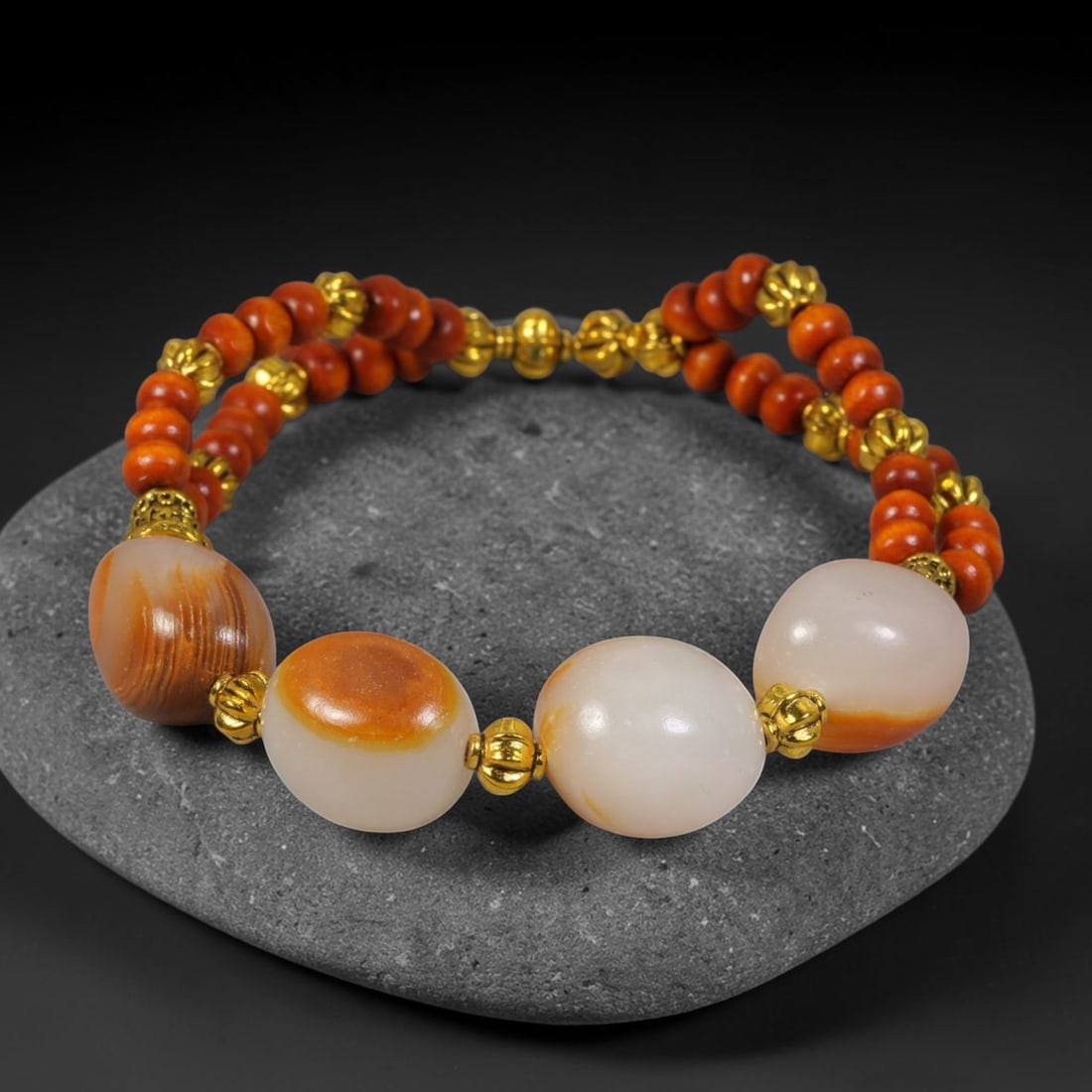 Natural Chinese White Jade Beaded Bracelet - Russet Jade Wood Gilded Accent Strand, 7AP (1 of 1)