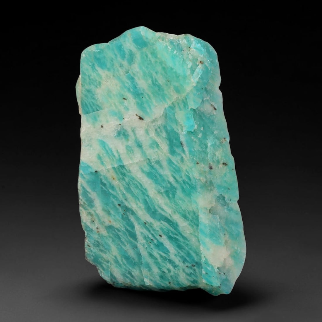 85ct Natural Russian Ural Amazonite Slab Rough, 88EB: This intact amazonite slab features distinct parallel mineral banding running uniformly across its naturally split flat surface within 44x26x7mm slab dimensions, retaining unmodified natural geologica