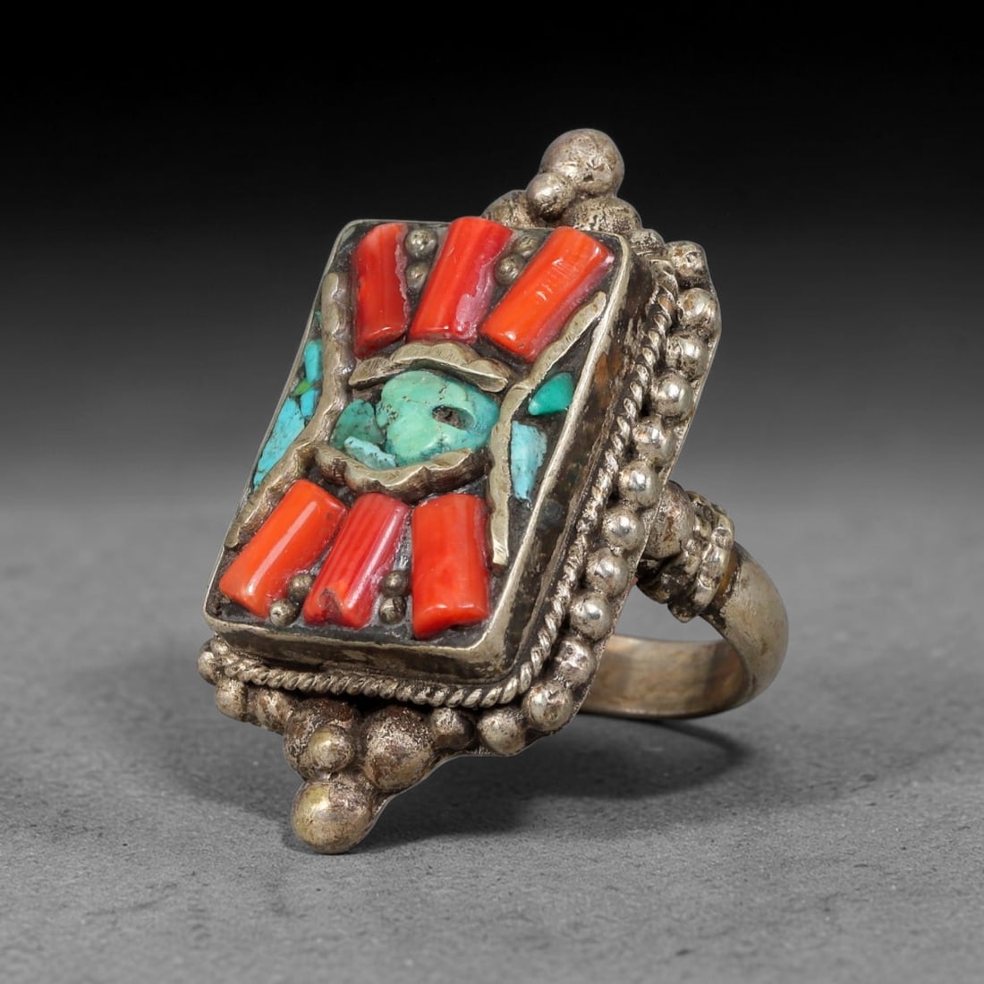 Vintage Tibetan Tribal Silver Plated Gemstone Inlay Ring, US Size 8.5, 85BY (1 of 2)