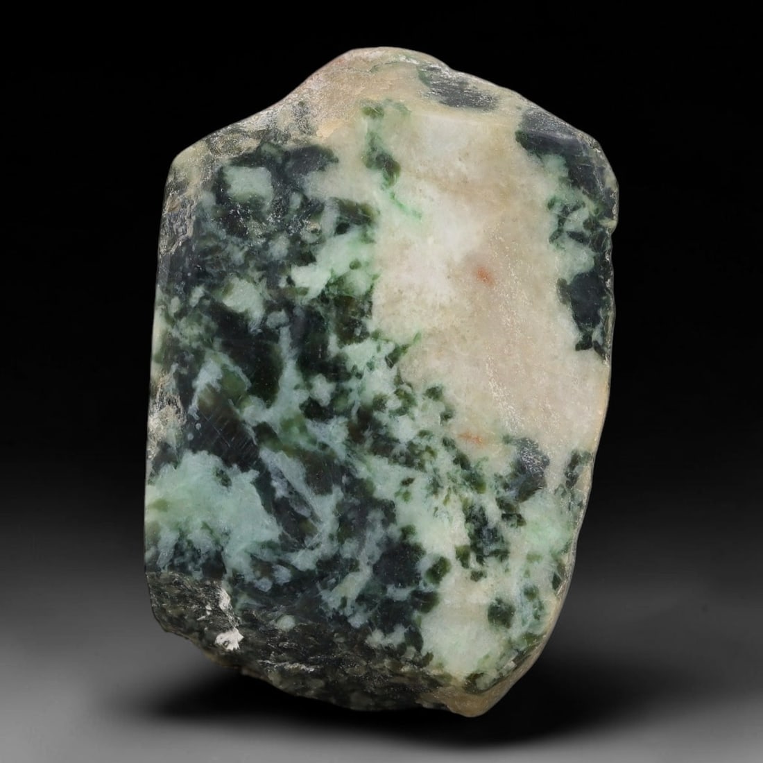 480ct Natural Type A Burmese Jadeite Jade Sliced Rough, 33AZ: This specimen is a sliced rough block of natural Type A Burmese jadeite jade. The interior displays natural colour zoning with visible mineral veining and crystalline patterns typical of unprocessed j