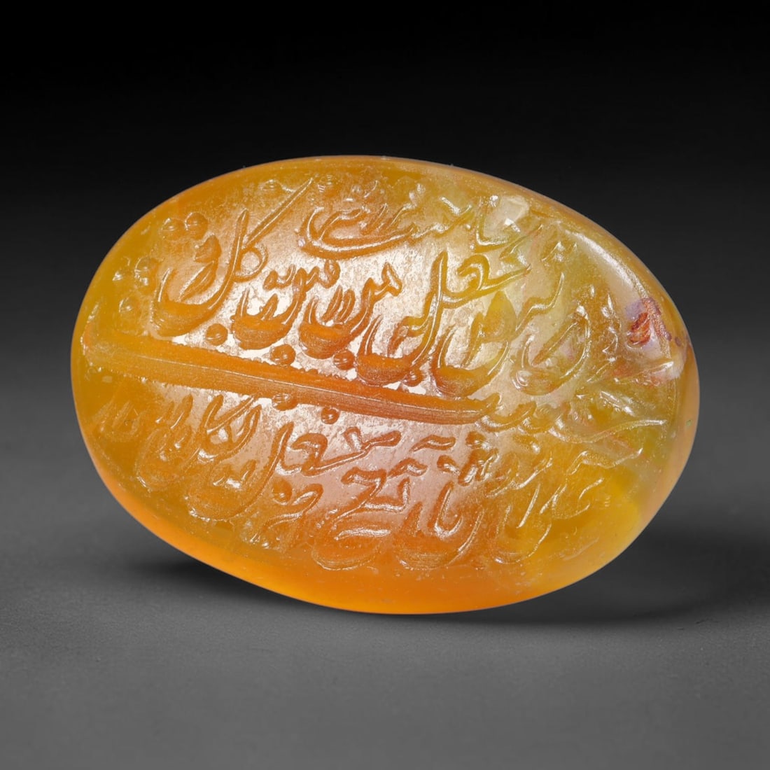 Early Vintage Islamic Natural Agate Script Intaglio Seal Cabochon (Post 1900 CE), 96EK: Fully hand-engraved agate intaglio seal tablet, crafted entirely by hand with no machine-assisted carving. The polished stone face features inscribed devotional script contained within a defined carvi