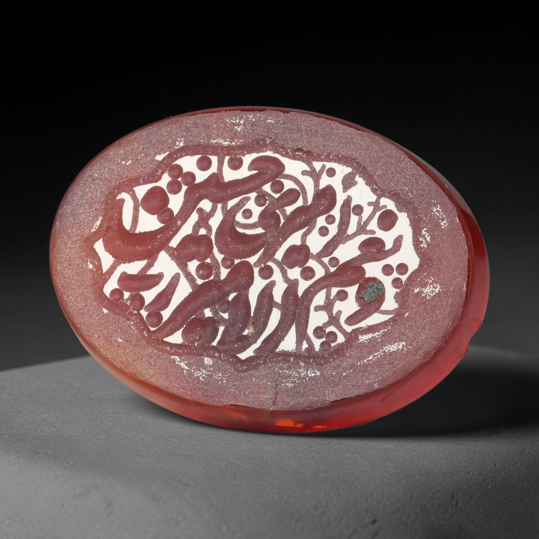 Vintage Carnelian Agate Islamic Calligraphic Intaglio Seal Cabochon Talisman, 75EK: This vintage natural carnelian agate intaglio seal cabochon draws inspiration from historic Islamic lapidary traditions, crafted as a wearable talisman and seal blank for jewelry setting. The polished