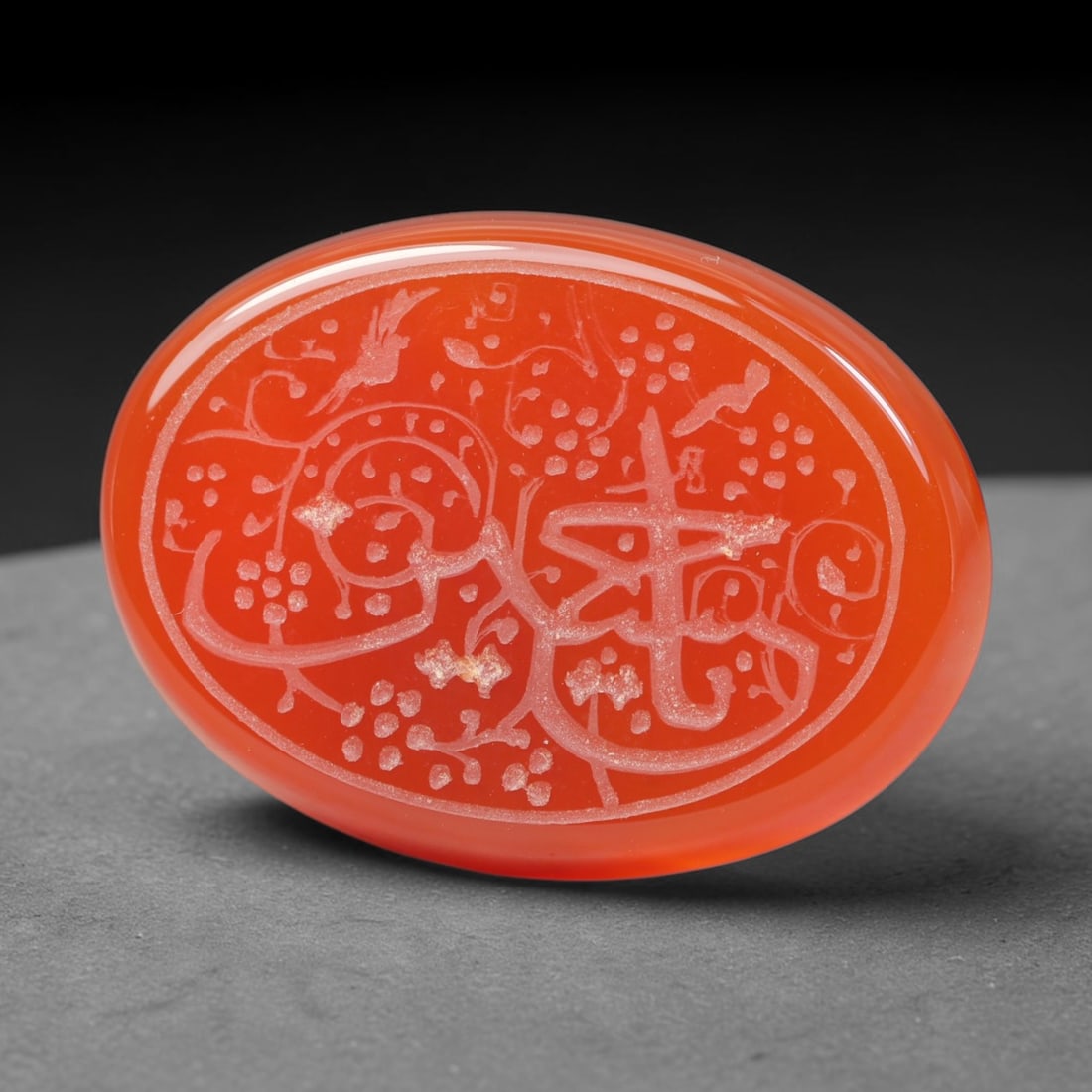 Vintage Carnelian Agate Islamic Calligraphic Intaglio Seal Cabochon Talisman, 89EK: This vintage natural carnelian agate intaglio seal cabochon draws inspiration from historic Islamic lapidary traditions, crafted as a wearable talisman and seal blank for jewelry setting. The polished
