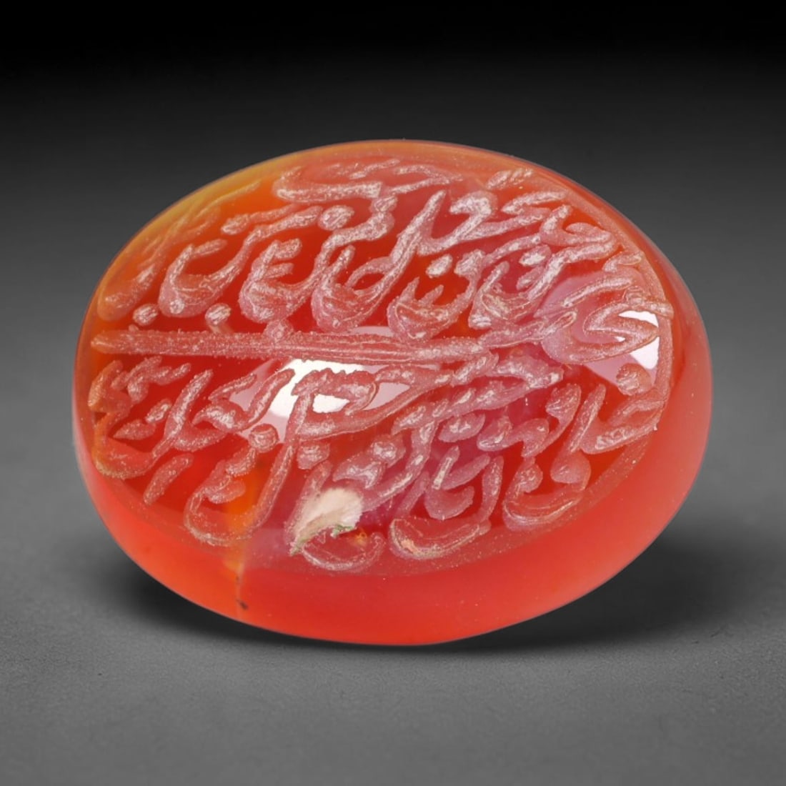 Vintage Mid-Century Carnelian Agate Islamic Calligraphic Intaglio Seal Cabochon Talisman, 25EM: This vintage mid-century natural carnelian agate intaglio seal cabochon draws inspiration from historic Islamic lapidary traditions, crafted as a wearable talisman and seal blank for jewelry setting. 
