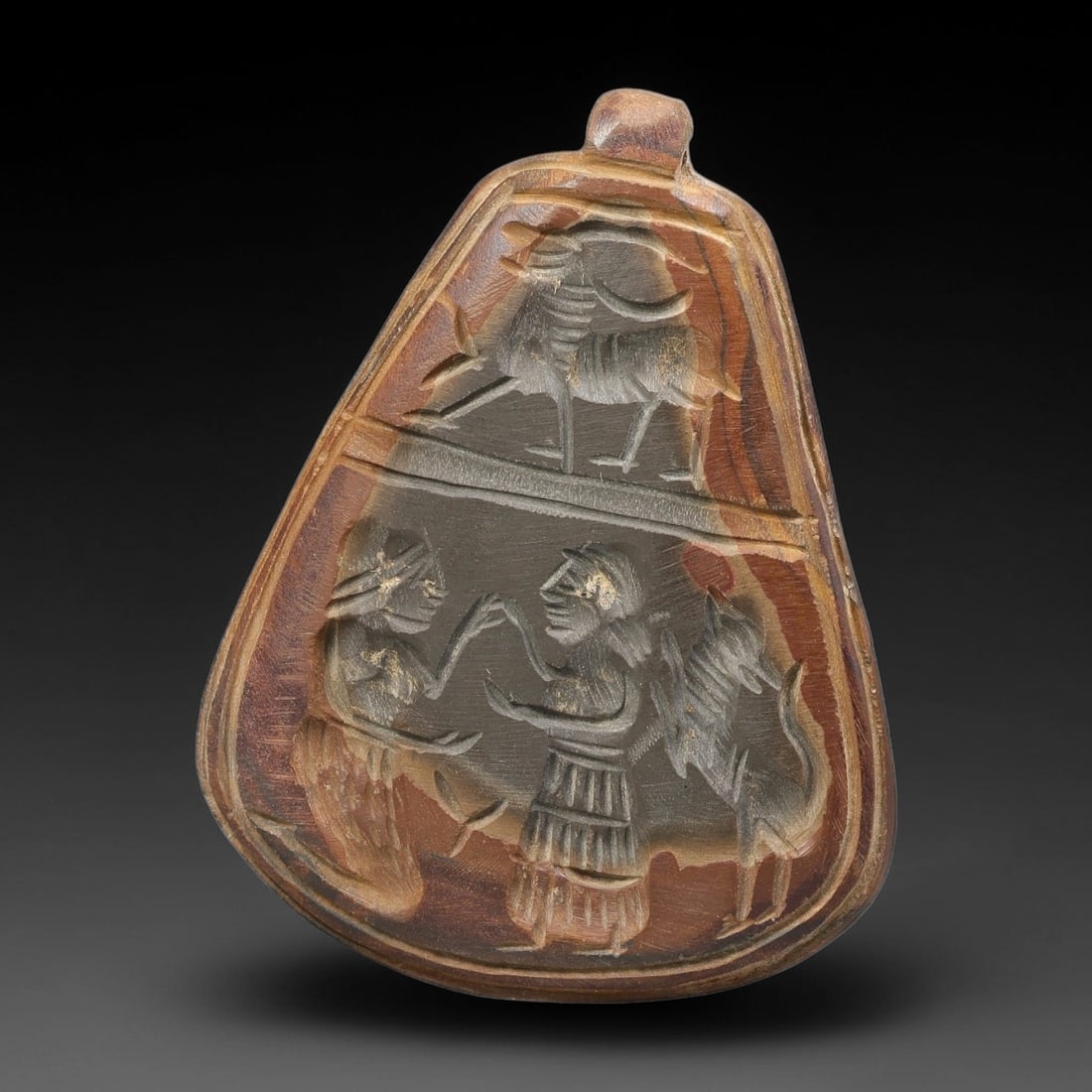 Vintage Natural Carnelian Agate Revival Indo-Persian Glyptic Figural Talisman Amulet Plaque, 19FK: This vintage talisman pendant plaque is skillfully carved from natural banded carnelian agate, crafted in a style referencing ancient Indo-Persian glyptic art traditions. The face bears detailed relie