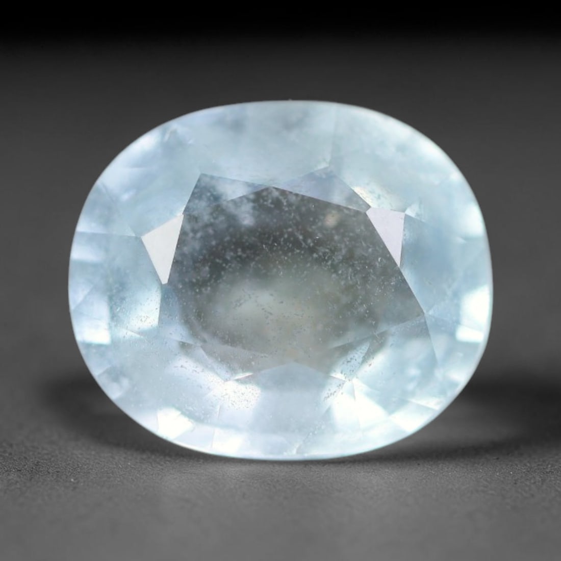 2.65ct Natural Brazilian Soft Sky Blue Faceted Aquamarine Loose Gemstone, 9AS: This expertly faceted aquamarine carries a gentle soft sky blue translucent body with faint fine natural internal mineral markings visible through its polished reflective facets within its 9.6x8.2x4.7