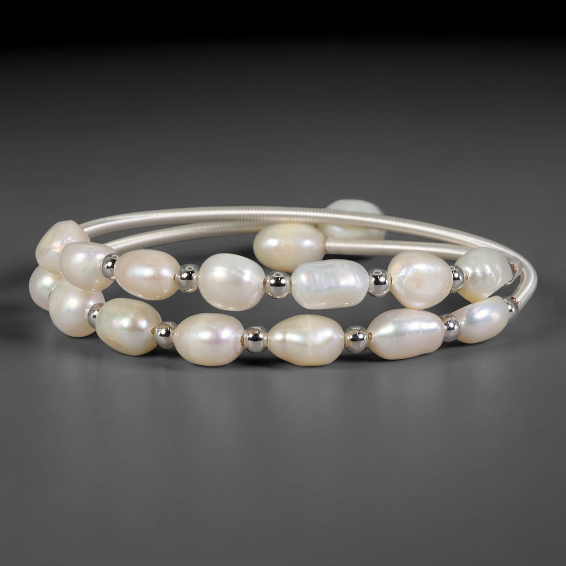 Natural Cultured Freshwater Pearl White Gold Plated Wire Wrap Open Cuff Bracelet, 88AC: Artisan handcrafted adjustable open cuff bracelet fashioned from smooth white gold plated metal wire, set with genuine natural cultured freshwater pearls held by elaborate hand-woven wirework detailin