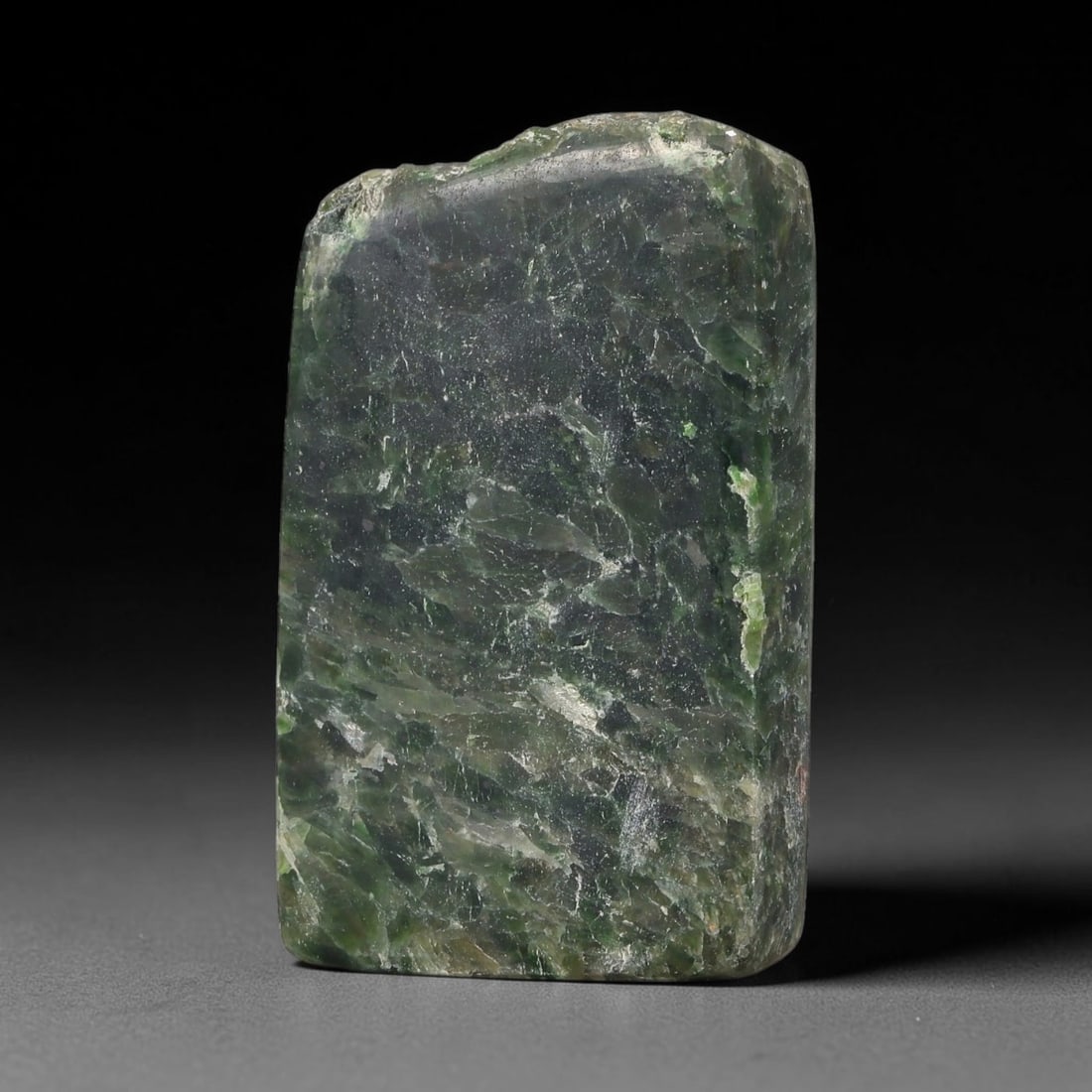 315ct Natural Type A Burmese Jadeite Jade Sliced Rough, 58FD: This specimen is a sliced rough block of natural Type A Burmese jadeite jade. The interior displays natural colour zoning with visible mineral veining and crystalline patterns typical of unprocessed j