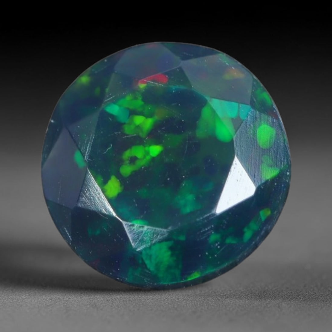 0.76ct Natural Ethiopian Welo Black Smoked Faceted Opal, 17EB: This fully faceted finished opal specimen displays vivid shifting play of color across polished geometric facets within its 7.3x3.5mm calibrated dimensions, the dark base body amplifies light movement