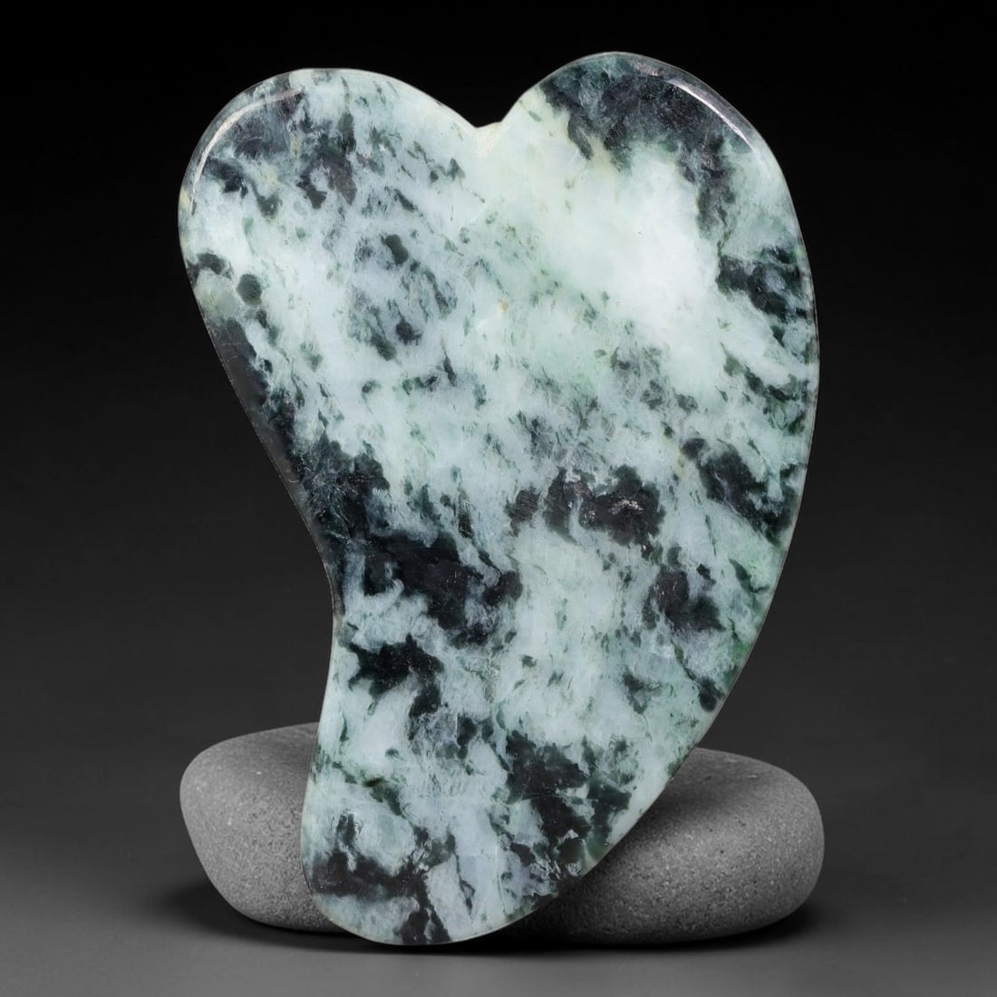 Natural Burmese Type A Jadeite Jade Facial Massage Gua Sha Tool, 37BK: Polished natural untreated Burmese Type A jadeite jade massage tool, measuring 93x62x4 mm. Crafted into the classic heart-shaped contour tool widely used for traditional facial and body stone massage 