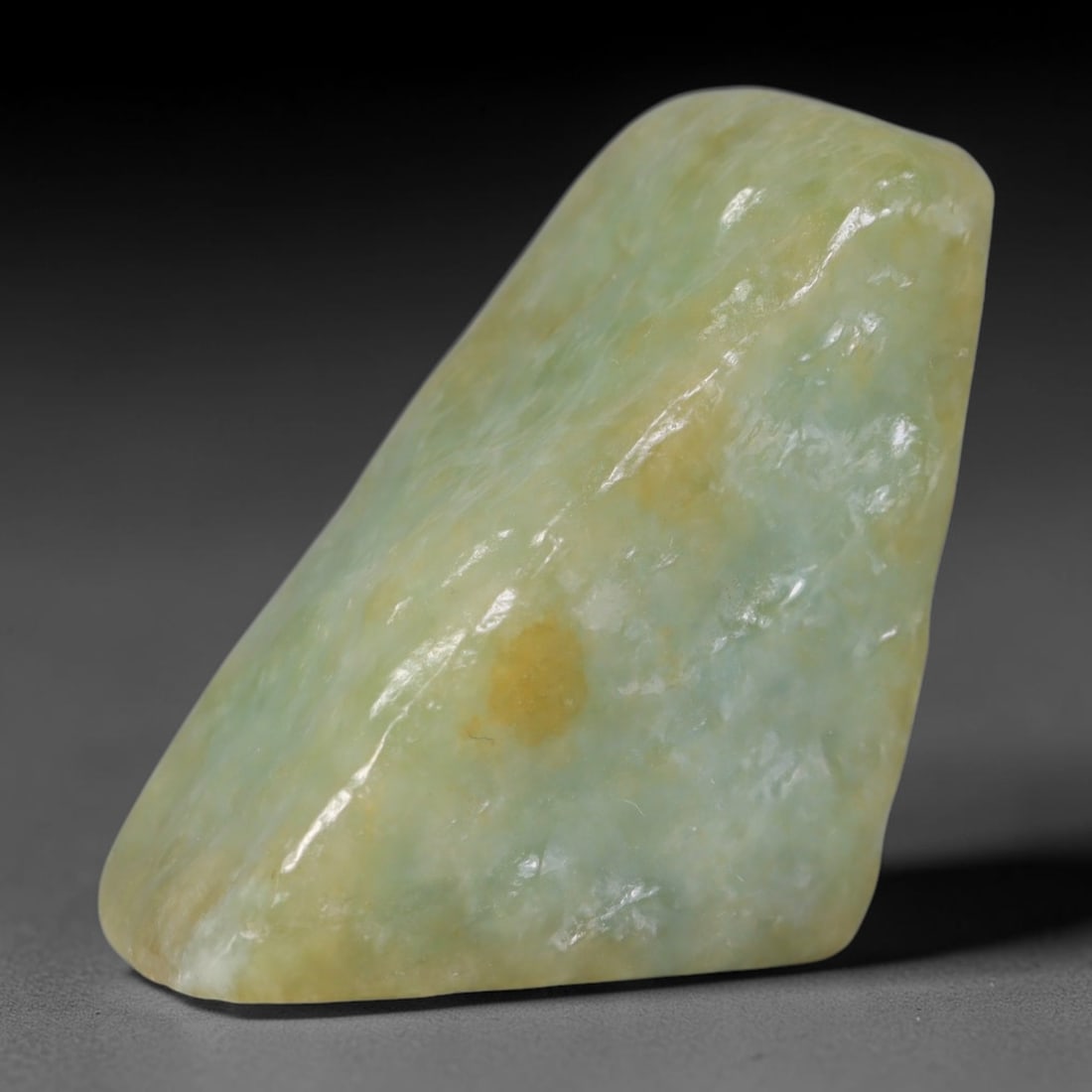 146ct Natural Type A Burmese Jadeite Jade Polished Sliced Rough, 82AZ: This specimen is a sliced rough block of natural Type A Burmese jadeite jade. The interior displays natural colour zoning with visible mineral veining and crystalline patterns typical of unprocessed j