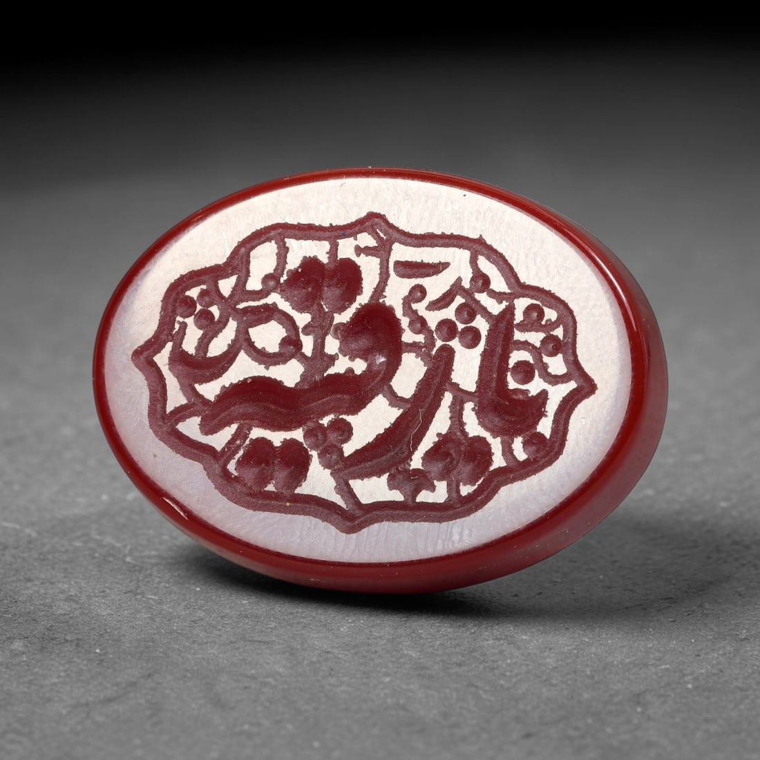 Vintage Carnelian Agate Islamic Calligraphic Script Intaglio Seal Cabochon Talisman, 46EP: This vintage natural carnelian agate intaglio seal cabochon draws inspiration from historic Islamic lapidary traditions, crafted as a wearable talisman and seal blank for jewelry setting. The polished
