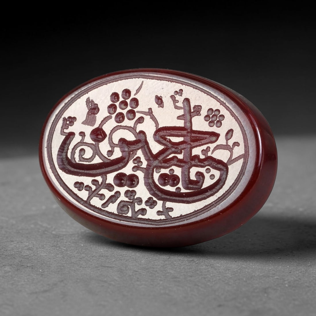 Vintage Carnelian Agate Islamic Calligraphic Script Intaglio Seal Cabochon Talisman, 40EP: This vintage natural carnelian agate intaglio seal cabochon draws inspiration from historic Islamic lapidary traditions, crafted as a wearable talisman and seal blank for jewelry setting. The polished