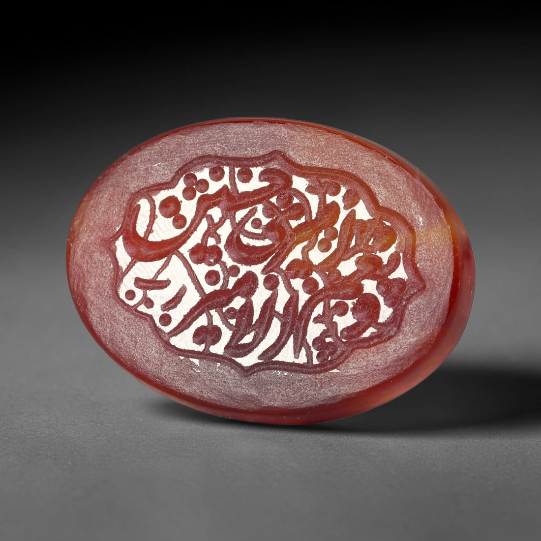 Vintage Carnelian Agate Islamic Calligraphic Script Intaglio Seal Cabochon Talisman, 44EP: This vintage natural carnelian agate intaglio seal cabochon draws inspiration from historic Islamic lapidary traditions, crafted as a wearable talisman and seal blank for jewelry setting. The polished