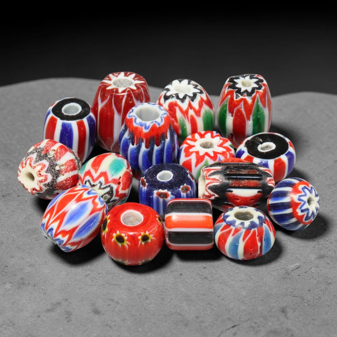 Vintage Chevron Glass Trade Bead Parcel Lot, 47EH: Vintage chevron glass bead collection, well-preserved with characteristic aged glass surface texture. Largest bead measures 13x11mm, suitable for jewellery assembly, collection and antique bead tradin